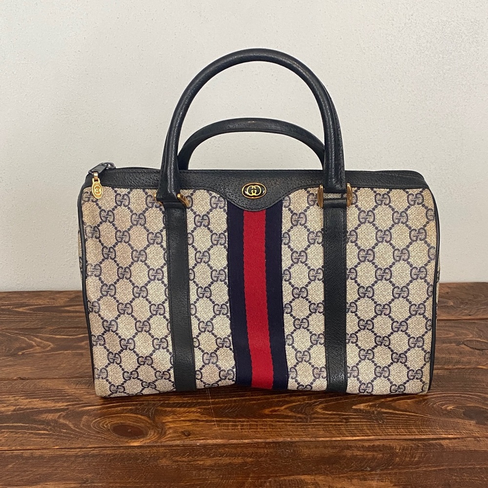 Gucci Vintage Signature Beige and Navy Bag